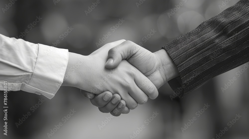 Poster image of a black and white handshake between two partners...