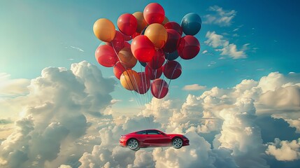 Brand new sports car gift sent with helium balloons flying in the bright sky tied with string - obrazy, fototapety, plakaty