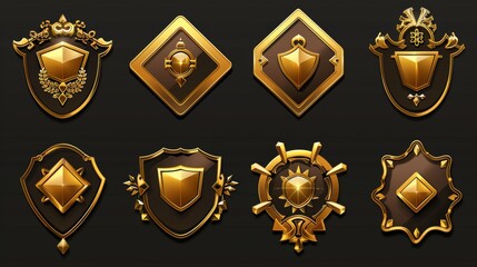 Modern cartoon set of golden icons in different shapes, award emblems with fantasy borders, including game buttons, achievement badges, and decorative frames set against a white background.