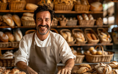 Smiling baker with a beige apron, who recommends the purchase of bread to customers, behind the baker: bread of different type in wicker baskets.