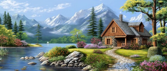 wooden cabin at riverside with snow peak mountain as background, artful painting style illustration with grungy brush stroke texture, Generative Ai - obrazy, fototapety, plakaty