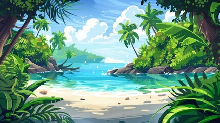 Modern cartoon illustration of summer island landscape with silhouettes of trees, lianas and grass on tropical sea beach. - obrazy, fototapety, plakaty