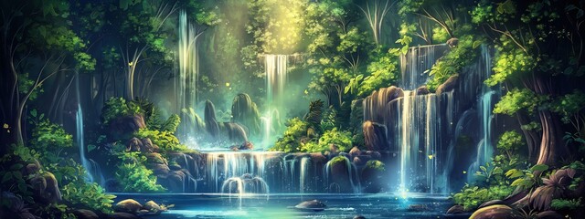 pure nature waterfall in the middle of rainforest , artful painting style illustration with grungy brush stroke texture, Generative Ai - obrazy, fototapety, plakaty