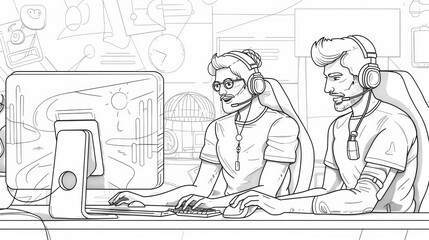 Call center helpdesks, online help desks, customer support. Technical specialist solve client problems via the internet. Operators use headsets while on the computer, illustrations in line art modern