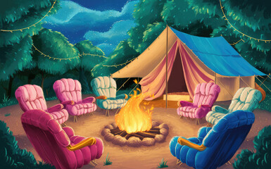 illustration, camping, campfire, cozy picture