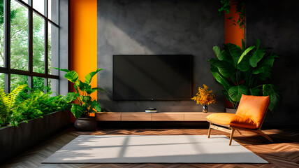Mockup TV in modern living room with armchair and plant on yellow wall, generated AI
