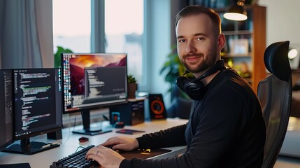 Programmer working in the office with his computer and turning to the camera.  