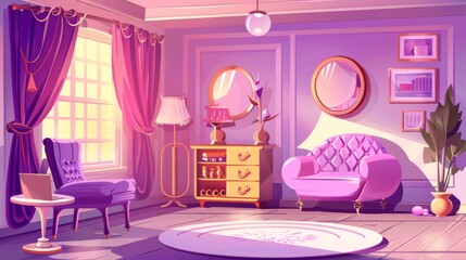Bedroom interior with pink and purple decor. Empty room with modern furniture, mirror, bed, chair, table and cupboard. Girly design, hotel suit, apartment. Cartoon modern illustration. - obrazy, fototapety, plakaty