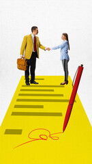 Contemporary art collage. Young man and woman stand on vibrant yellow document with signature and seal deal with handshake. Concept of business development, career growth, cooperation, work in team.