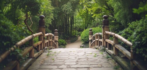 A bridge of bamboo swaying gently in the breeze, leading to a tranquil garden.