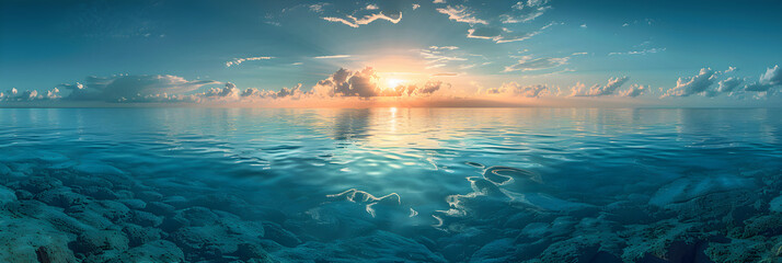 Breathtaking Aerial View of the Ocean Radiating Under the Morning Sun - obrazy, fototapety, plakaty