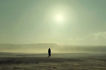Foto op Plexiglas minimalist portrait of mysterious person in desert landscape silhouette against vast open space fine art photography © furyon