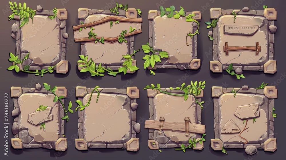 Poster boards and arrows of rocky texture with lianas on them. ui and gui design elements. isolated user pa