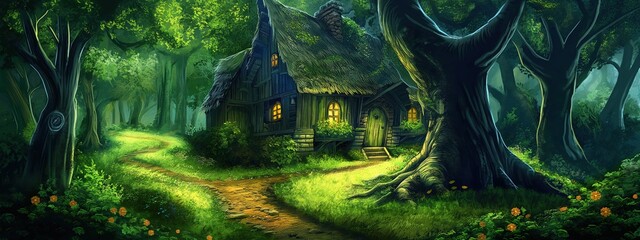 a hut at middle of rainforest jungle sunlight shine through tree leaves , artful painting style illustration with grungy brush stroke texture, Generative Ai