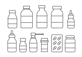 Set of outline Medicine bottles capsules vector illustration