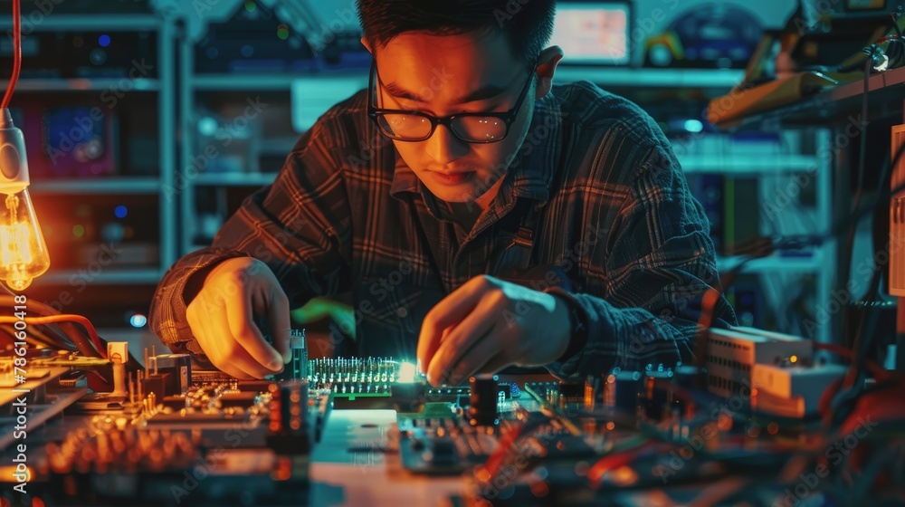 Wall mural A youthful engineer assembles semiconductor components independently