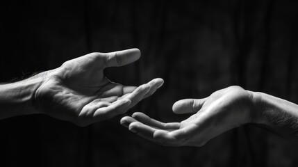 A black and white photograph showing two hands at the moment of a breakup. The theme of a breakup. On an isolated black background.