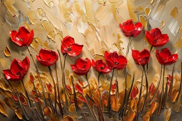 Fototapeta na wymiar passionate red tulips dancing in a whirlwind of gold abstract floral oil painting with palette knife texture