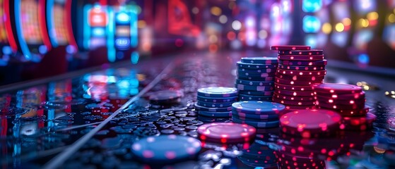 Fototapeta na wymiar Neon Casino Magic: Chips & Games Glow. Concept Neon Lights, Casino Theme, Magic Tricks, Glow-in-the-Dark Decor, Card Games