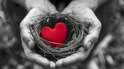 Image of a bird nest with a red heart on a black and white isolated tone background. Concept of love and marital bliss.