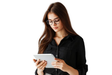 Studio portrait company worker beautiful young Caucasian woman with an attractive smile wearing casual outfits and holding digital tablet, isolated on transparent png background.