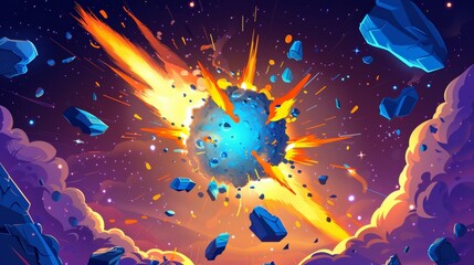 Modern cartoon illustration of galaxy with stars and a blue sphere blasting off from a planet explosion, asteroid, or meteorite. - obrazy, fototapety, plakaty