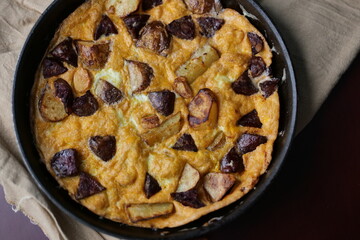 Pan-fried smoked sausages and eggs, potato dishes, family food