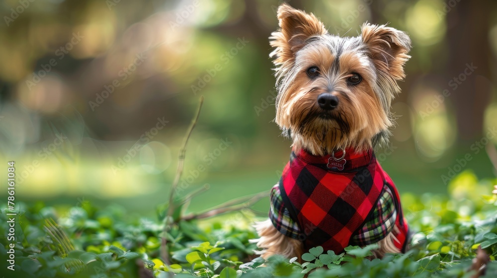 Canvas Prints A delightful Yorkshire terrier wearing a red plaid vest poses in a green clearing creating a lovely scene in the park during spring