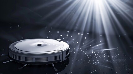 White robot vacuum cleaner in dark minimalist abstract magic shine volume space, particles and light rays on background, wallpaper