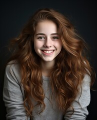 Fototapeta premium Portrait of caucasian girl, wearing a casual clothing and smiling on studio color background