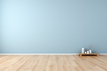 Light blue empty room with a wooden tray on the floor. Blue wall mockup. Minimalist decor