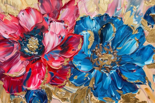 vibrant abstract floral oil painting with red and blue petals and gold accents palette knife technique