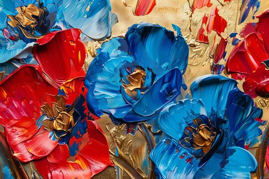 vibrant abstract floral oil painting with red and blue petals and gold accents palette knife technique