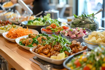 Obraz premium A photo of an assortment of fresh, healthy dishes on display at the company's vibrant corporate salad bar during lunchtime in various conference rooms. Ai generated