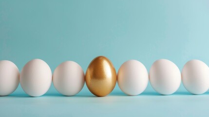 The concept of exclusivity, individuality, and better choice. A golden egg among white eggs on a blue background..