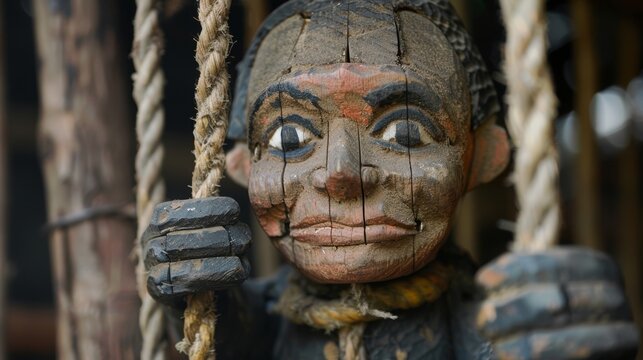 Image of wooden puppet escaping from captivity with rope in hand.