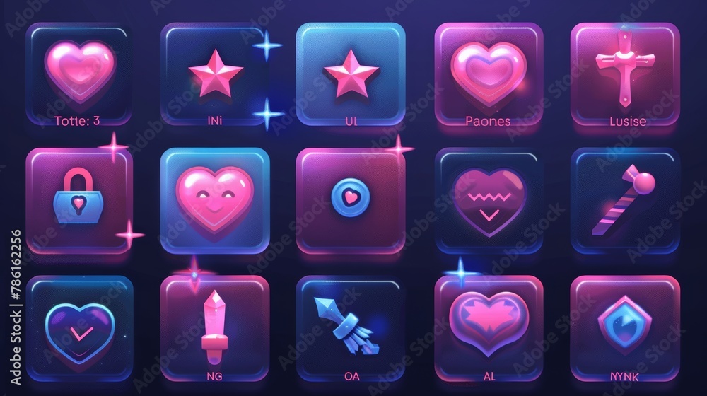 Poster user setting panel, slider, star, heart, pause, arrows login and password isolated modern icons set.