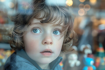 Child mesmerized by toys behind shop window, clear bg,