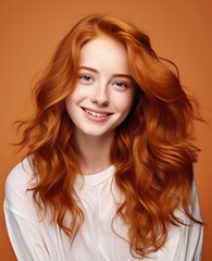 Naklejka premium Portrait of caucasian girl, wearing a casual clothing and smiling on studio color background