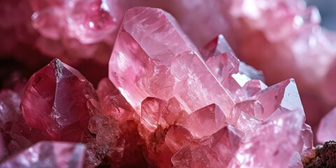 Raw rose quartz crystal mineral rock. Pink crystals banner
