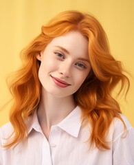 Portrait of caucasian girl, wearing a casual clothing and smiling on studio color background