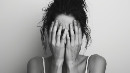 Symbol of fear, shame, and domestic violence. Black and white image of woman covering her face and holding her hands. - obrazy, fototapety, plakaty