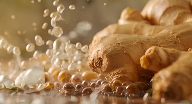 Fresh ginger root creating a splash, intricate bubbles following its shape