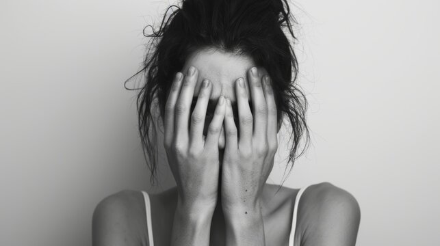 Symbol of fear, shame, and domestic violence. Black and white image of woman covering her face and holding her hands.