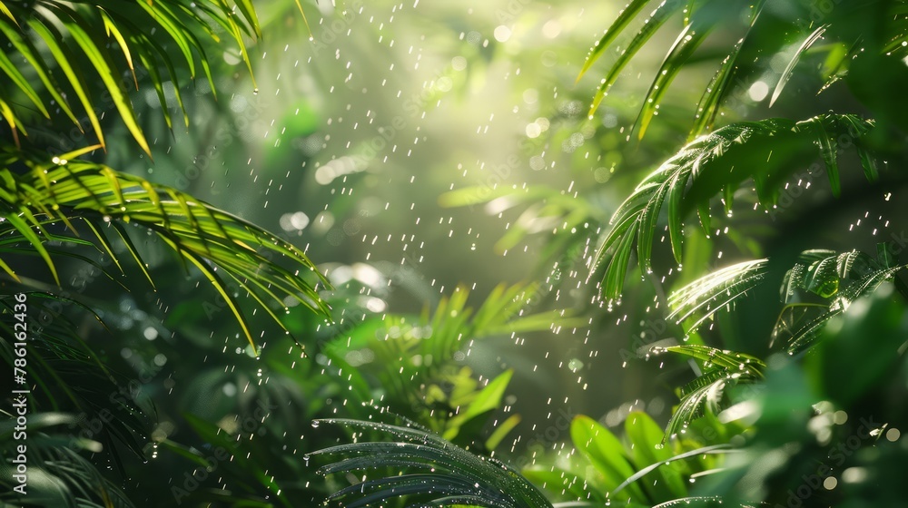 Poster a lush green jungle with rain falling on the leaves. the rain is creating a peaceful and serene atmo