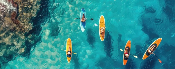 Arial view of the paddleboard on the very beautiful and clear sea.