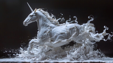 Craft a mystical clay sculpture of a unicorn galloping amidst holographic projections of data, conveying the juxtaposition of magic and technology from a dramatic side perspective - obrazy, fototapety, plakaty