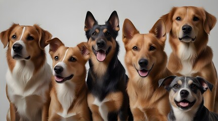 Row of different size and breed dogs over white horizontal social media or web banner. Dogs are looking at the camera, some cute, panting or happy.generative.ai  - obrazy, fototapety, plakaty