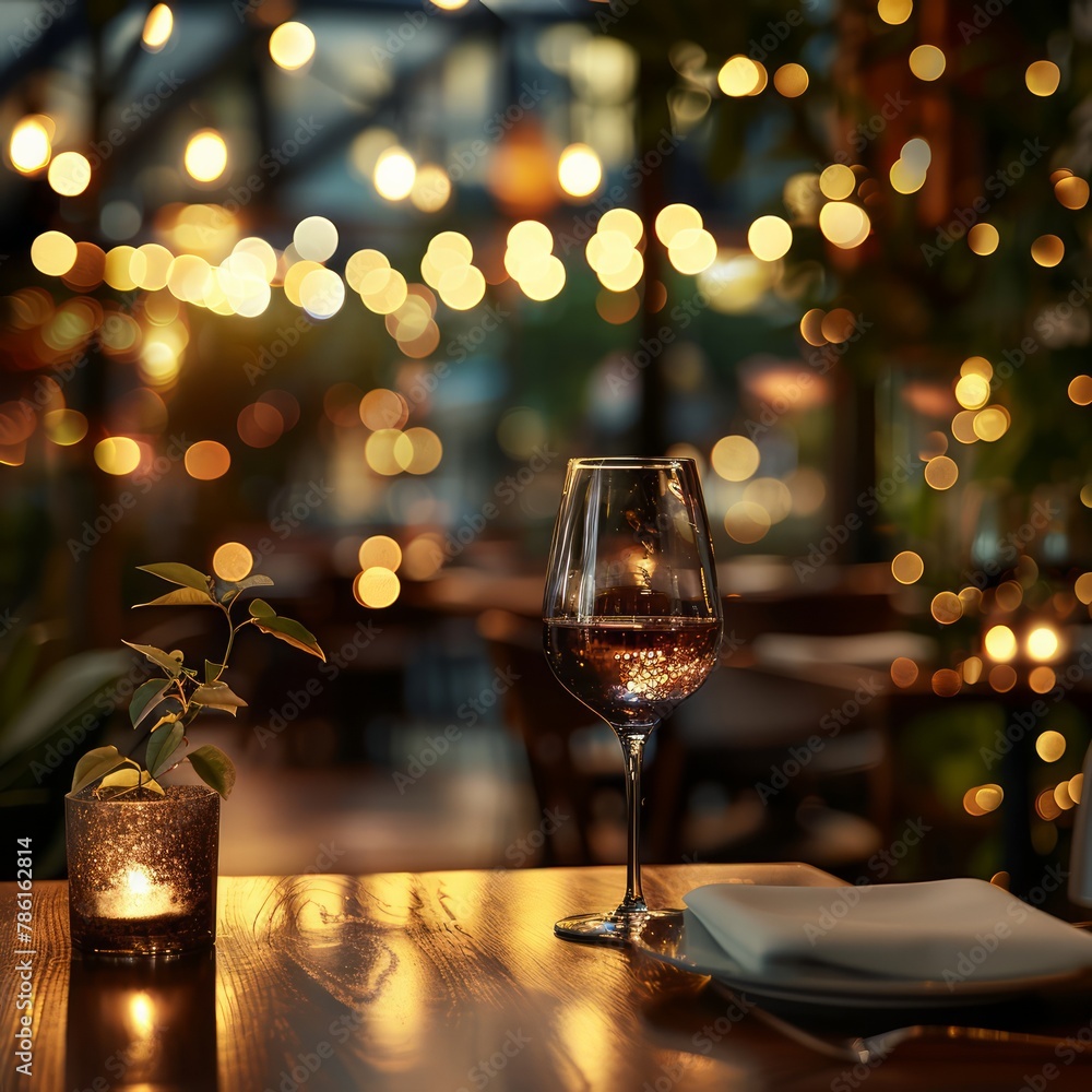 Poster a wine glass is on a table with a leaf in a small vase. the scene is set in a restaurant with a diml