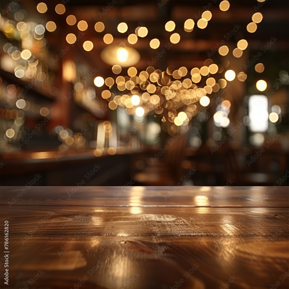 Aufkleber a blurry image of a bar with lights and a wooden table. scene is warm and inviting, with the lights 